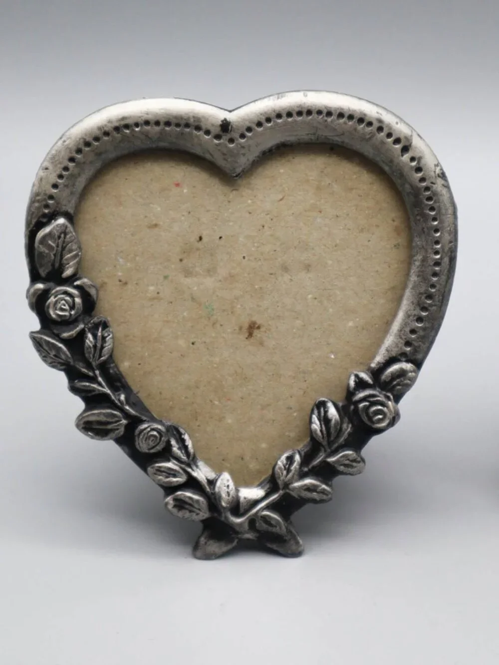 Set of 2 Small Pewter Picture Frames Floral Rose Design Oval & Heart Cottagecore